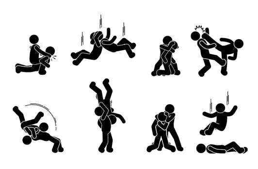 vector illustration of fighting, mixed martial arts, punching, kicking, slamming
