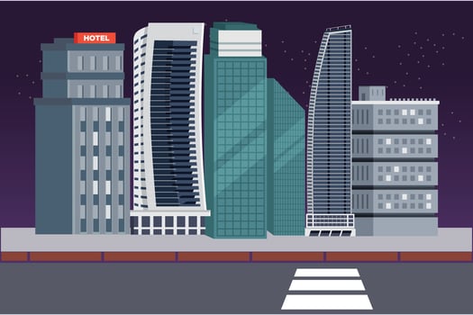 Shopping mall and hotels concept. Colored flat vector illustration isolated.