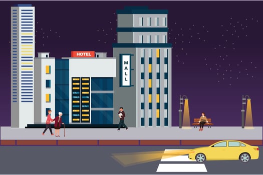 Shopping mall and hotels concept. Colored flat vector illustration isolated.