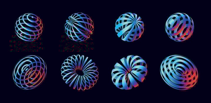 Set of techno 3d gradient figures, striped mesh models, spheres and torus, y2k aesthetic decorations. vector