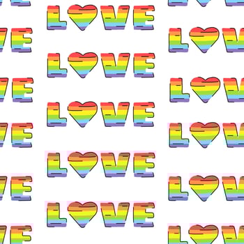 LGBTQ seamless pattern with words Love isolated on white background. Vector illustration in doodle, flat style.
