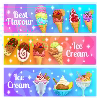 Cartoon ice cream stick and cone, sundae, ice pop vector