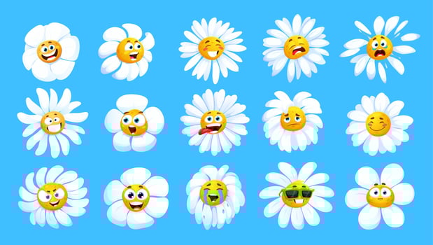Cartoon chamomile flower characters, funny faces vector