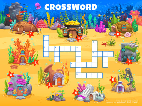 Crossword quiz game. Fairytail underwater houses vector