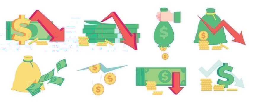 Finance crisis, money loss. Recession, bankrupt and market failure. Bad income, bankruptcy and inflation business vector illustration set