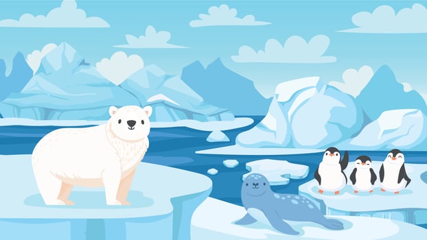 Cartoon arctic landscape with animals. White bears and penguins on drifting glacier, snow mountains iceberg polar winter vector illustration.