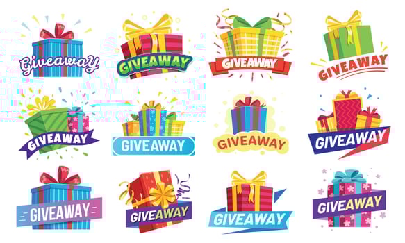 Giveaway banner, prize in colorful boxes with ribbons. Special offer for gift or reward winner in contest. vector