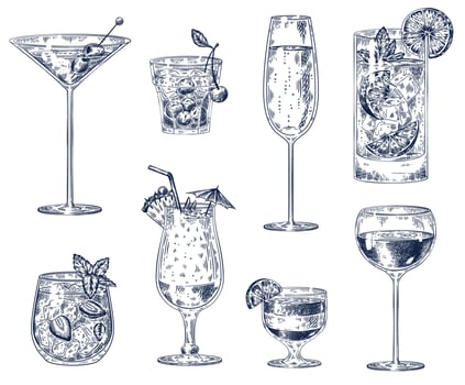 Hand drawn cocktails. Sketch alcohol drinks in glasses. Cherry cocktail, champagne and pina colada, strawberry mojito, wine vector set