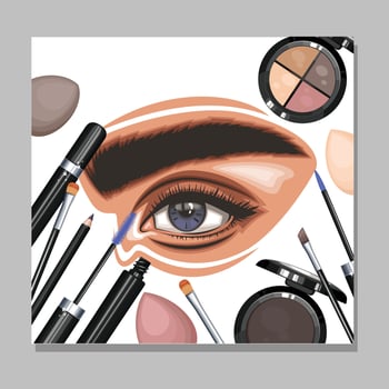 Colorful women's eyes with makeup. Eye makeup closeup.  Beauty Salon Social media design layout template. Beauty Salon Banner template. Hand-Drawn vector illustration female eyes set.