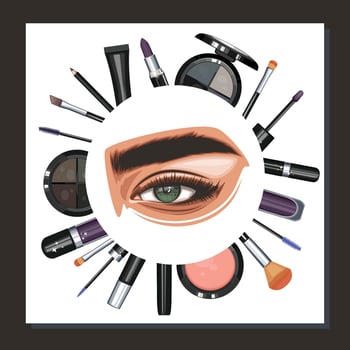 Colorful women's eyes with makeup. Eye makeup closeup.  Beauty Salon Social media design layout template. Beauty Salon Banner template. Hand-Drawn vector illustration female eyes set.