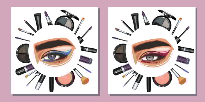Colorful women's eyes with makeup. Eye makeup closeup.  Beauty Salon Social media design layout template. Beauty Salon Banner template. Hand-Drawn vector illustration female eyes set.