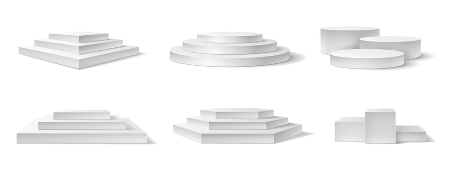 Realistic podium. White 3d empty podiums, pedestal and platform different shapes for award ceremony, concert advertising product vector set