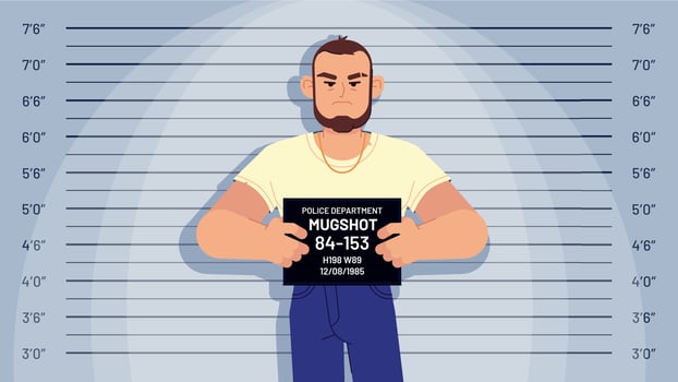 Cartoon arrested gangster mugshot. Arrested criminal holds board for identification, photo in police station, suspect profile vector concept