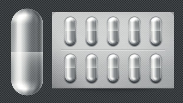Medical pill packaging with capsules. Illness and pain treatment with painkiller, antibiotic realistic tablet vector