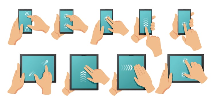 Touchscreen gestures. Hands on smartphone and tablet multi touch screen. Pinch to zoom, swipe and click gesture vector illustration set