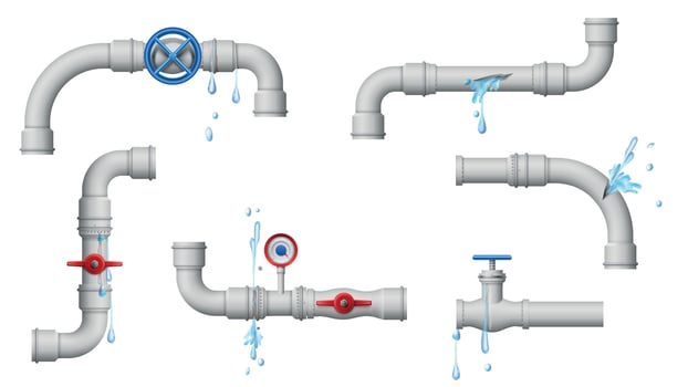 Damaged leaky pipes. Water pipe leaks, broken metal plumbing and leak from pipes and joints vector illustration