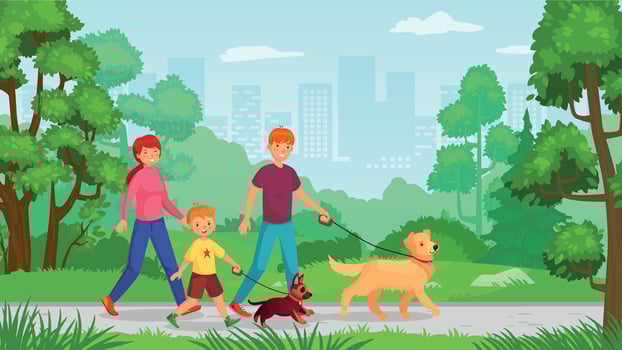 Family walking with dog. Man woman with kid go in park vector