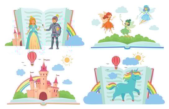 Open books with fairy tales characters. Kingdom with castle, royal knight giving rose to princess, fairies vector