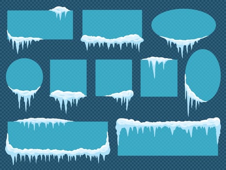 Frames with snow and ice. Frozen borders with snowflakes of different shape as circle, square and ellipse. vector