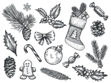 Sketch decoration xmas set. Christmas and happy new year symbols. Sock and gift, gingerbread, holly fir branches, pine cone vector elements
