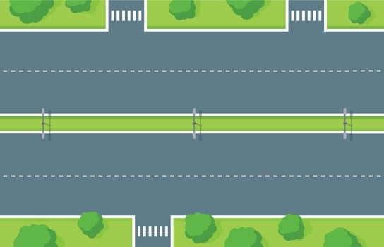 Empty highway top view. Road asphalt with pedestrian crossing, white dashed stripes, lightning and green zone vector