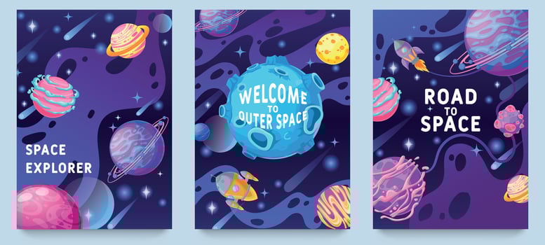 Fantasy planets kids posters. Multicolor cosmic objects, space galaxy world design for flyer, magazine, poster or book cover vector set