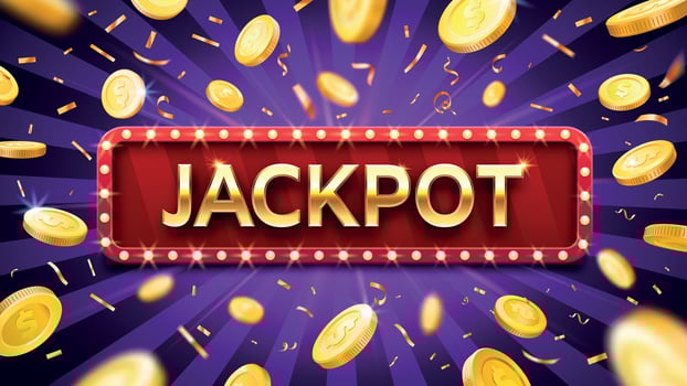 Jackpot banner with falling gold coins and confetti. Casino or lottery advertising. Prize in gambling game vector