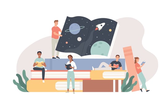 Readers. Tiny young people sitting and lying on giant books stack, reading and studying literature, book lovers characters vector concept