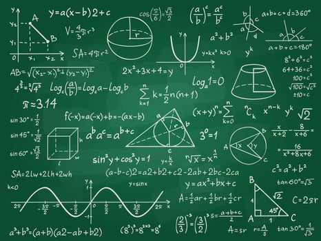Math theory. Mathematics calculus on class chalkboard. Algebra and geometry science handwritten formulas vector education concept