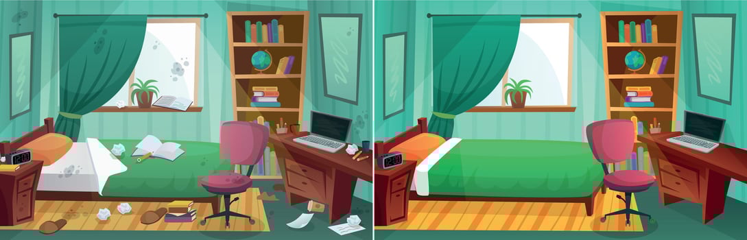 Room before and after cleaning. Comparison of messy bedroom and clean kid bedroom. Home after tiding service vector