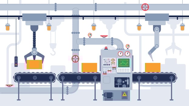 Conveyor. Industrial conveyor belt, manufacturing equipment, product transportation process, efficient automation production vector concept