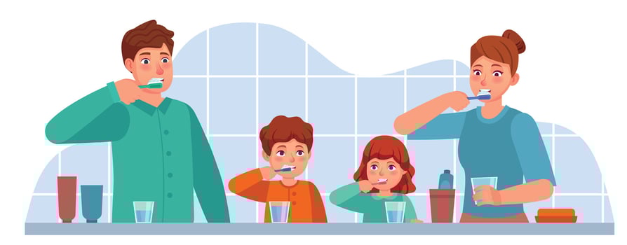 Family brush teeth. Parents and children brushing teeth together in bathroom. Parental parenting oral hygiene, dental care vector concept