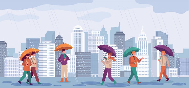 People autumn rain. Men and women walk or standing in rain with umbrellas in city landscapes, rainy day fall season vector concept