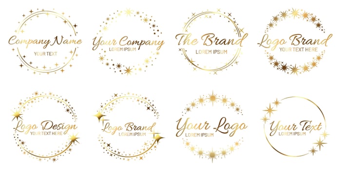 Stardust golden logo set. Shiny circle frames with stars and glowing glitter. Round border for company name vector