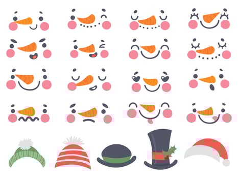 Snowman faces. Cute christmas snowmen heads with carrot nose, eyes and mouths. Happy new year 2021 and winter holidays cartoon vector set