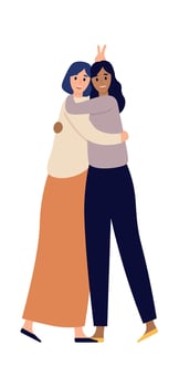 Women friends. Happy young girls hugging. Happy meeting of close friends. Female friendship, diverse characters vector