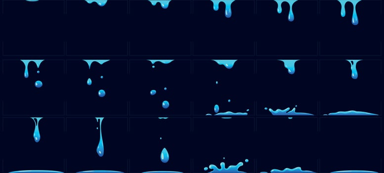 Dripping water animation, water splashes for game development. Dropping liquid in frames for cartoon vector