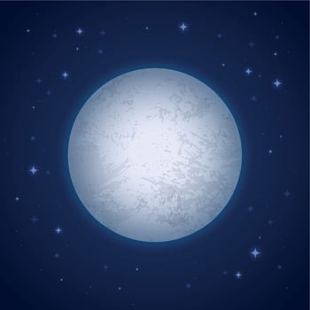 Realistic moon. Earth satellite close up with detailed craters, space moonlight, round white luna and stars on night sky vector illustration