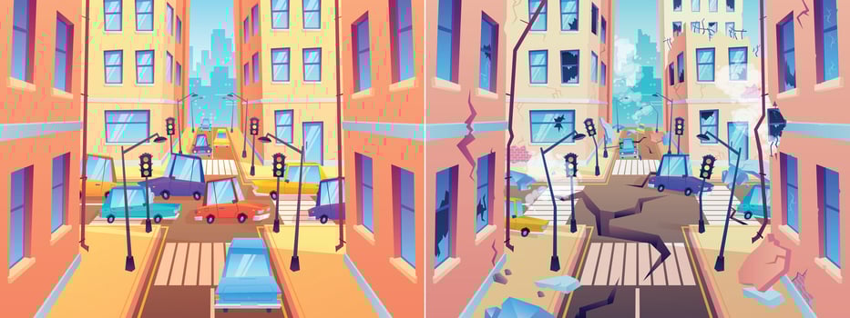 City street before and after earthquake. Damaged road and destroyed buildings. Town after natural disaster vector
