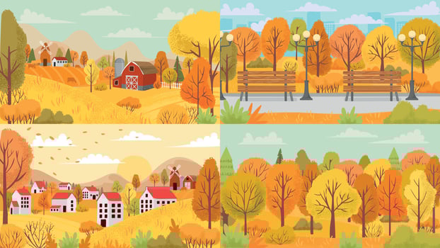 Autumn landscape, village, park, farm, forest. Country houses with yellow and orange trees and farm fields vector