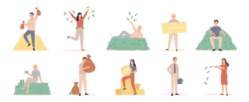 Rich people. Happy wealthy woman, man millionaire bathing in money, businessman magnate and cash dollar banknote finance profit vector set