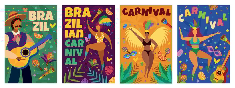 Brazilian carnival. Banner with masquerade latino elements dance parade, dancers and musicians, confetti, masks and feathers vector posters