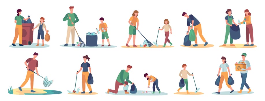 Volunteer collects trash. Men, women and children cleaning nature from garbage set. Isolated vector family picks up and sorting waste
