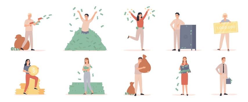 Rich men and women. Wealthy people with moneybags and cash dollar, millionaire bathing in money, entrepreneur finance success vector set