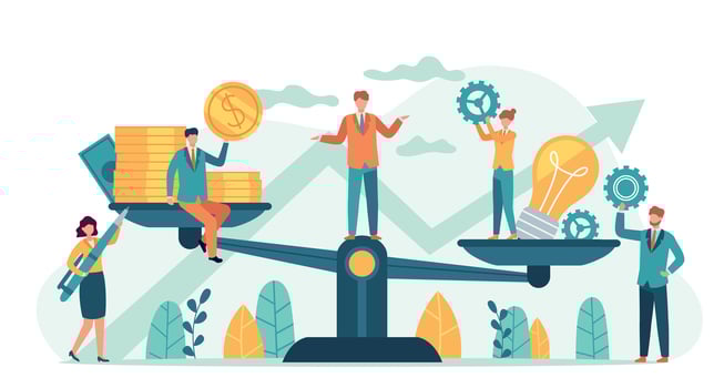 Money and idea balance. Investor compare business ideas and finance on scales. Buying creative project or startup, tiny human vector concept