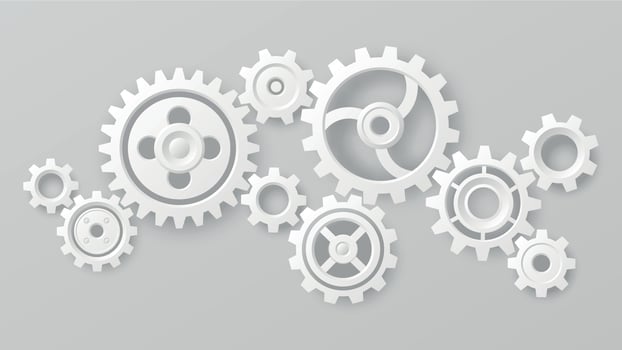 Gear wheels. Realistic 3d white cogs and gears mechanism. Teamwork cooperation machine symbolism. Engineering and technology vector concept