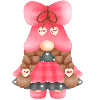 Adorable watercolor pink valentine gnome girl illustration. png