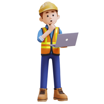 3D Construction Worker Character Thinking While Working on a Laptop png