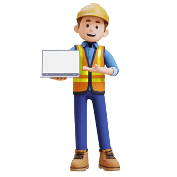 3D Construction Worker Character Presenting on Empty Computer Screen png