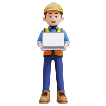 3D Construction Worker Character Holding Laptop with Empty Screen png